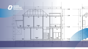 Gambar potongan bangunan detail engineering design oleh Kaizen Enjiniring Nusantara yang menampilkan struktur lantai, kolom, balok, dan atap secara teknis.