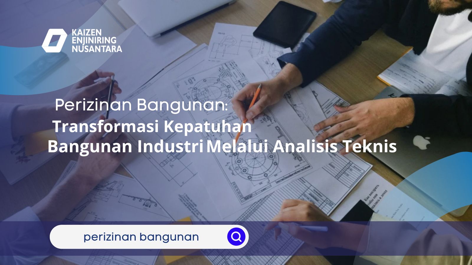 Tim engineer menganalisis gambar teknis untuk proses perizinan bangunan industri.