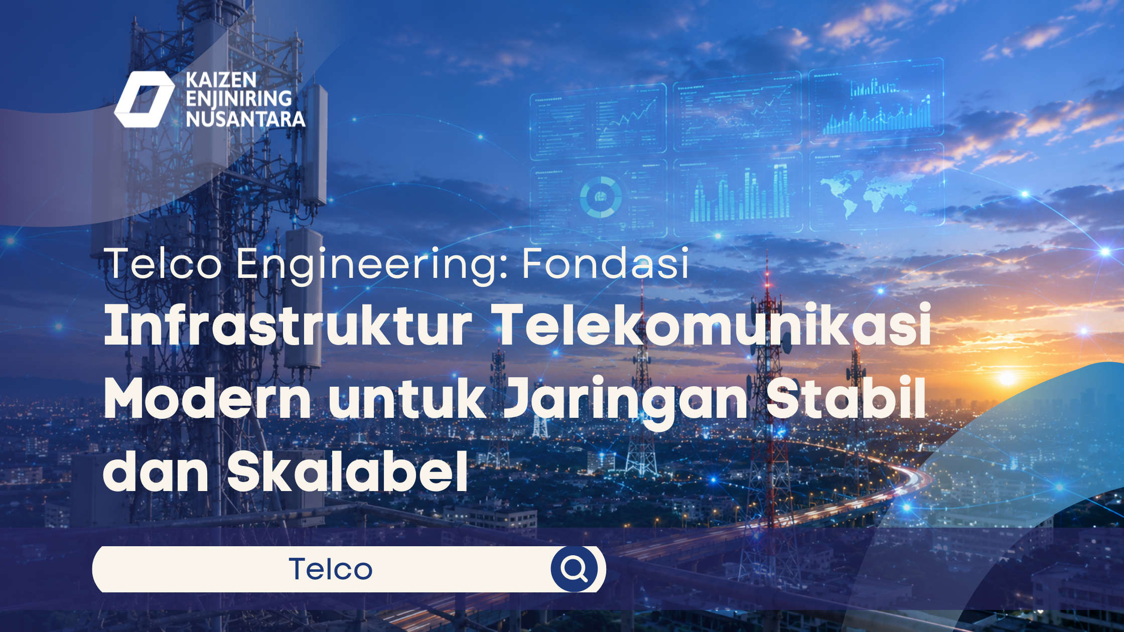 Ilustrasi menara telekomunikasi modern dengan jaringan digital futuristik untuk infrastruktur telco yang stabil dan skalabel.